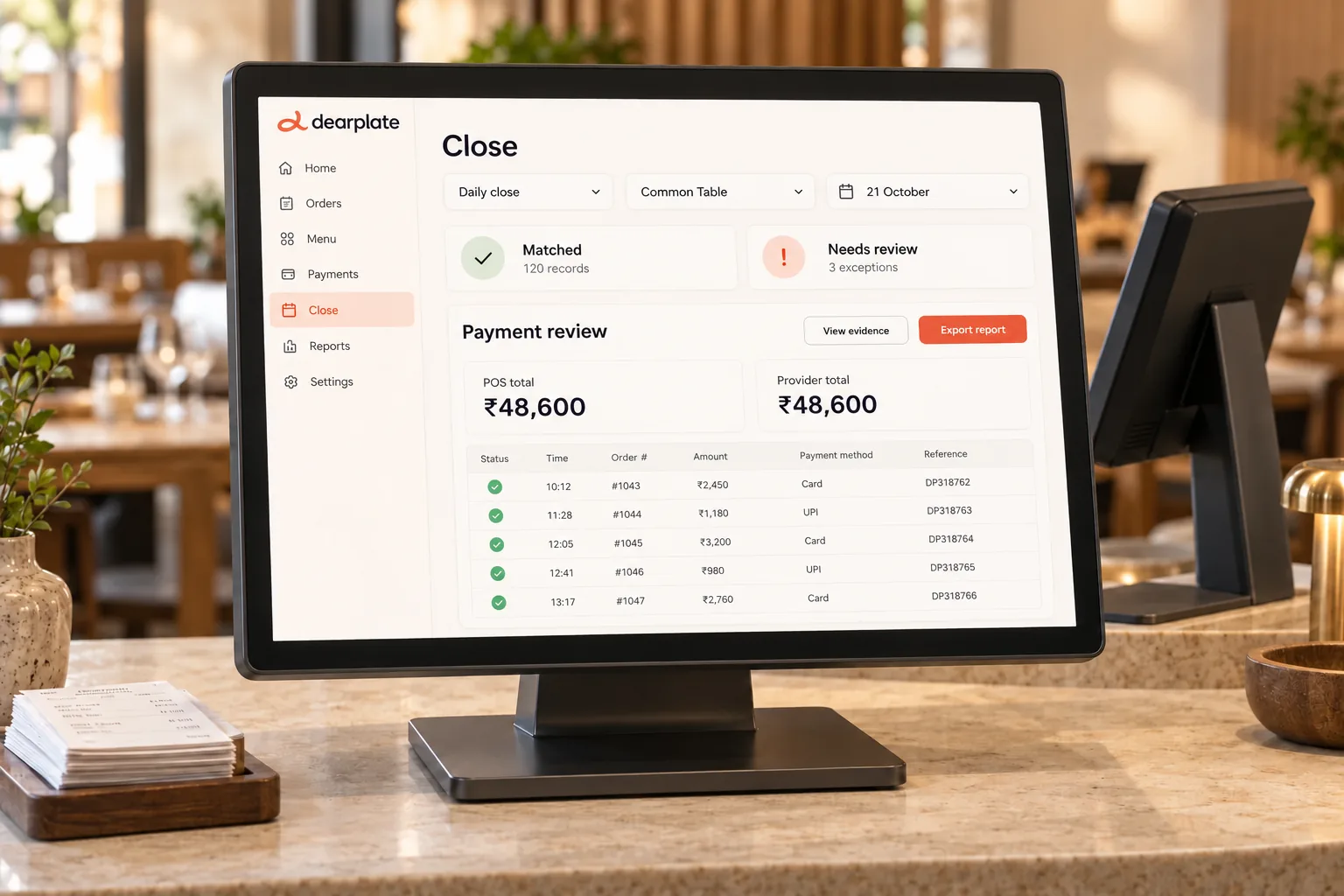 Dearplate Close payment review dashboard on a restaurant workstation