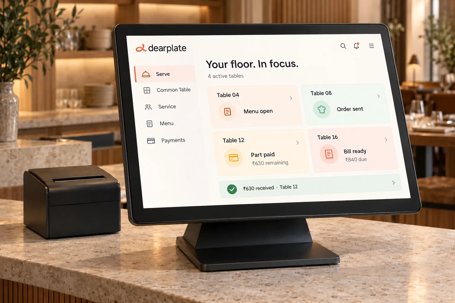 Dearplate Serve showing active tables and payment status on a countertop POS screen