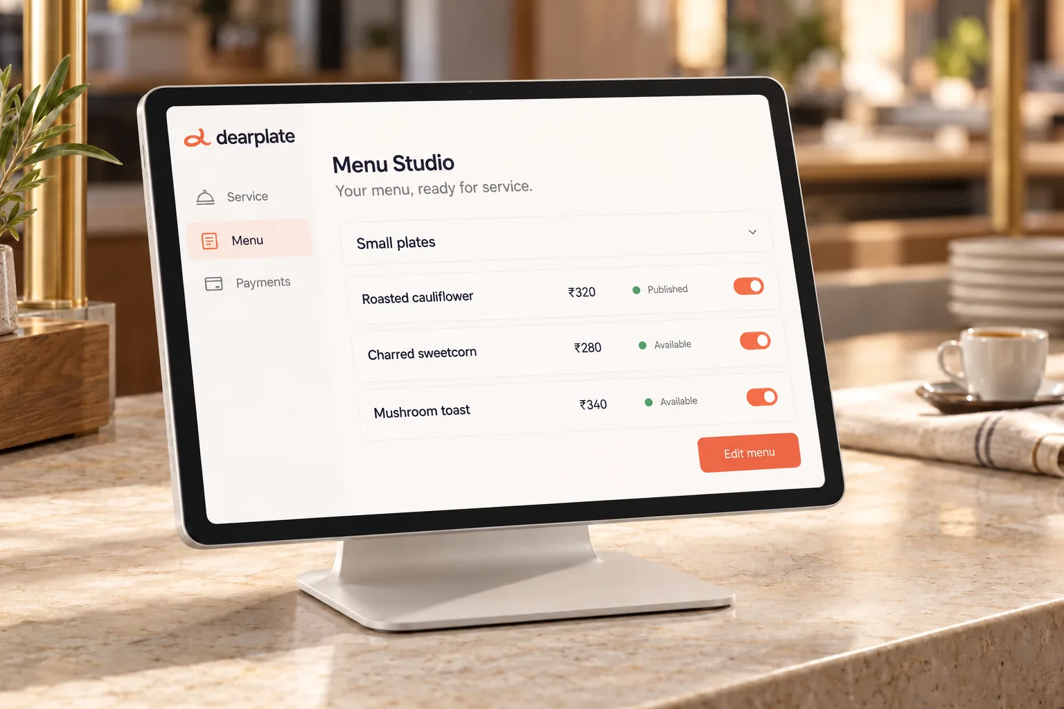 Tablet POS displaying Dearplate Menu Studio