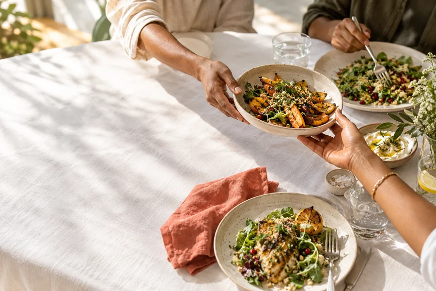 Dishes shared around a restaurant table